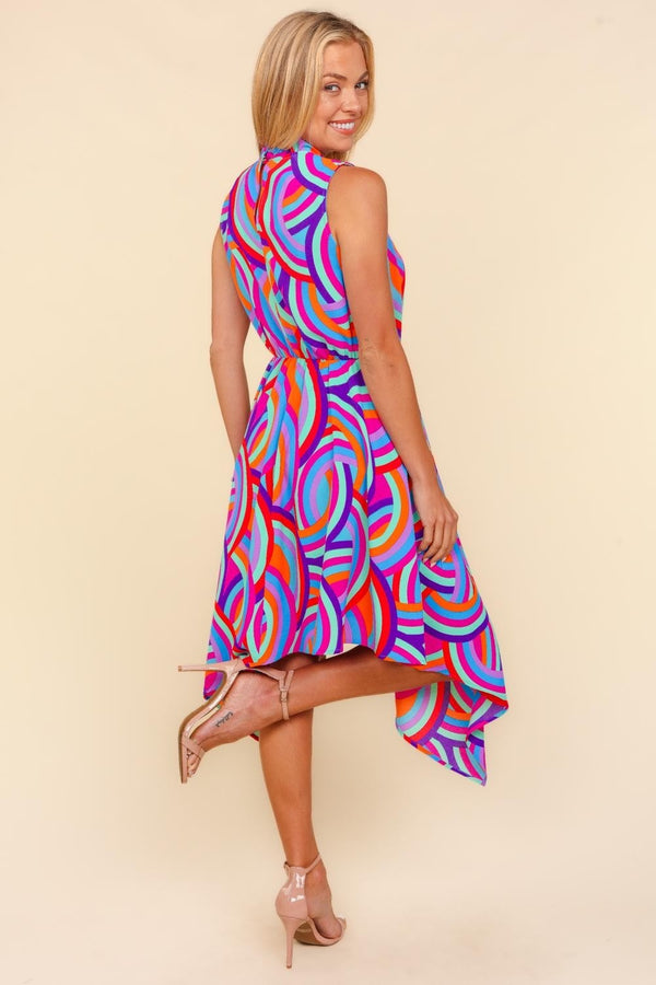 Frilled Mock Neck Sleeveless Printed Dress