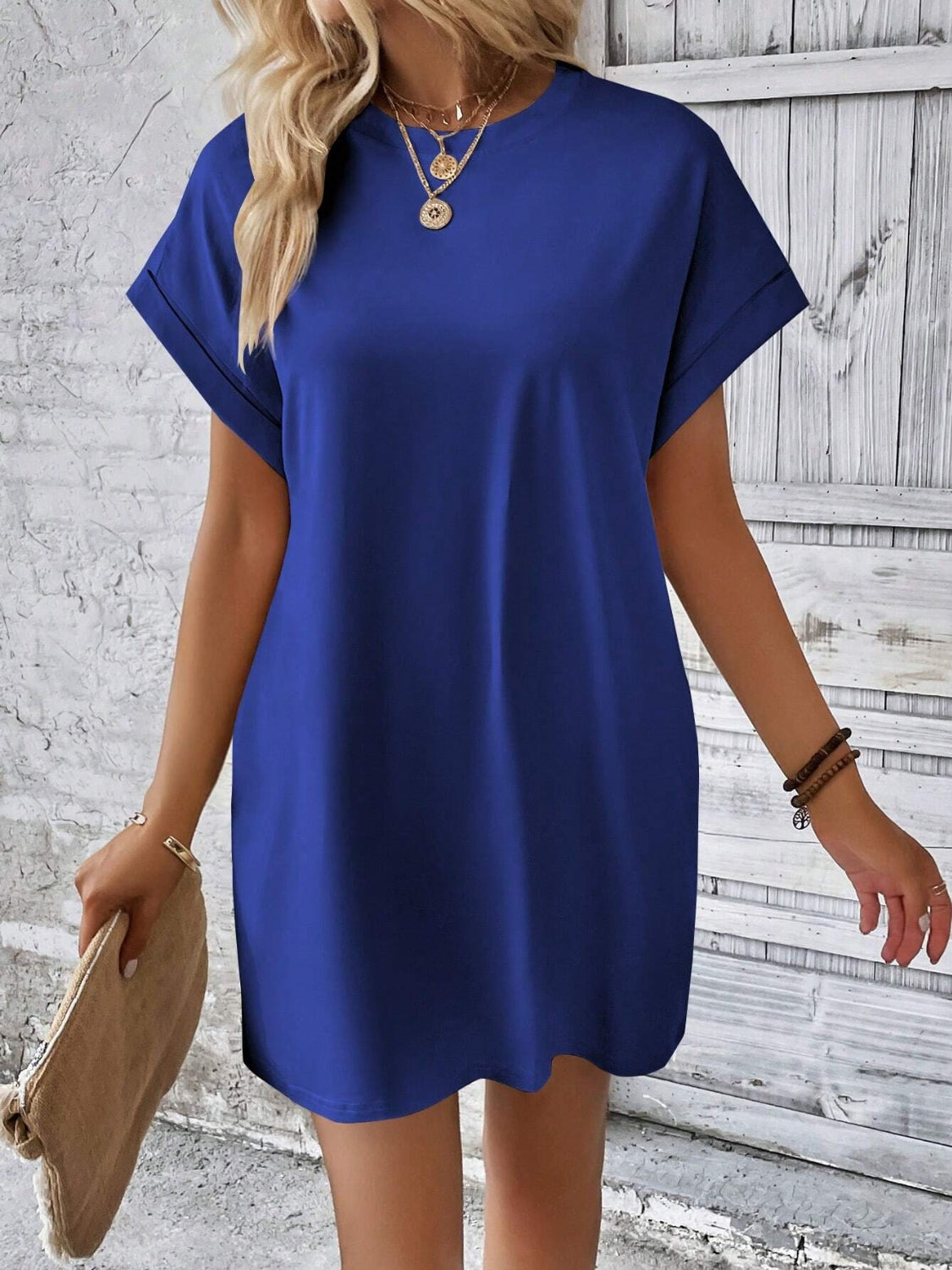 Round Neck Short Sleeve Mini Dress - Chic Innovations, LLC