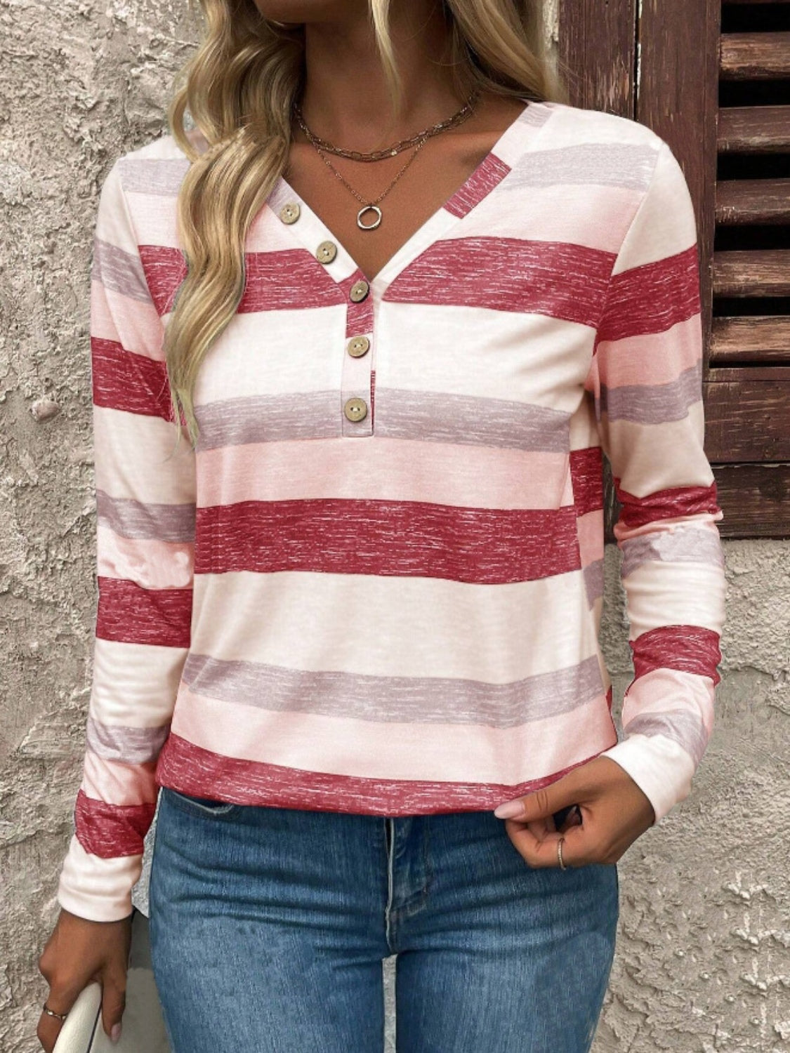 Contrast Striped V-Neck Long Sleeve T-Shirt - Chic Innovations, LLC