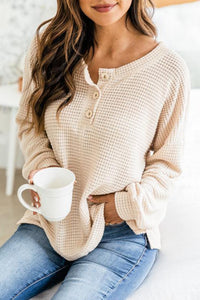 Slit Waffle Knit Long Sleeve T-Shirt - Chic Innovations, LLC