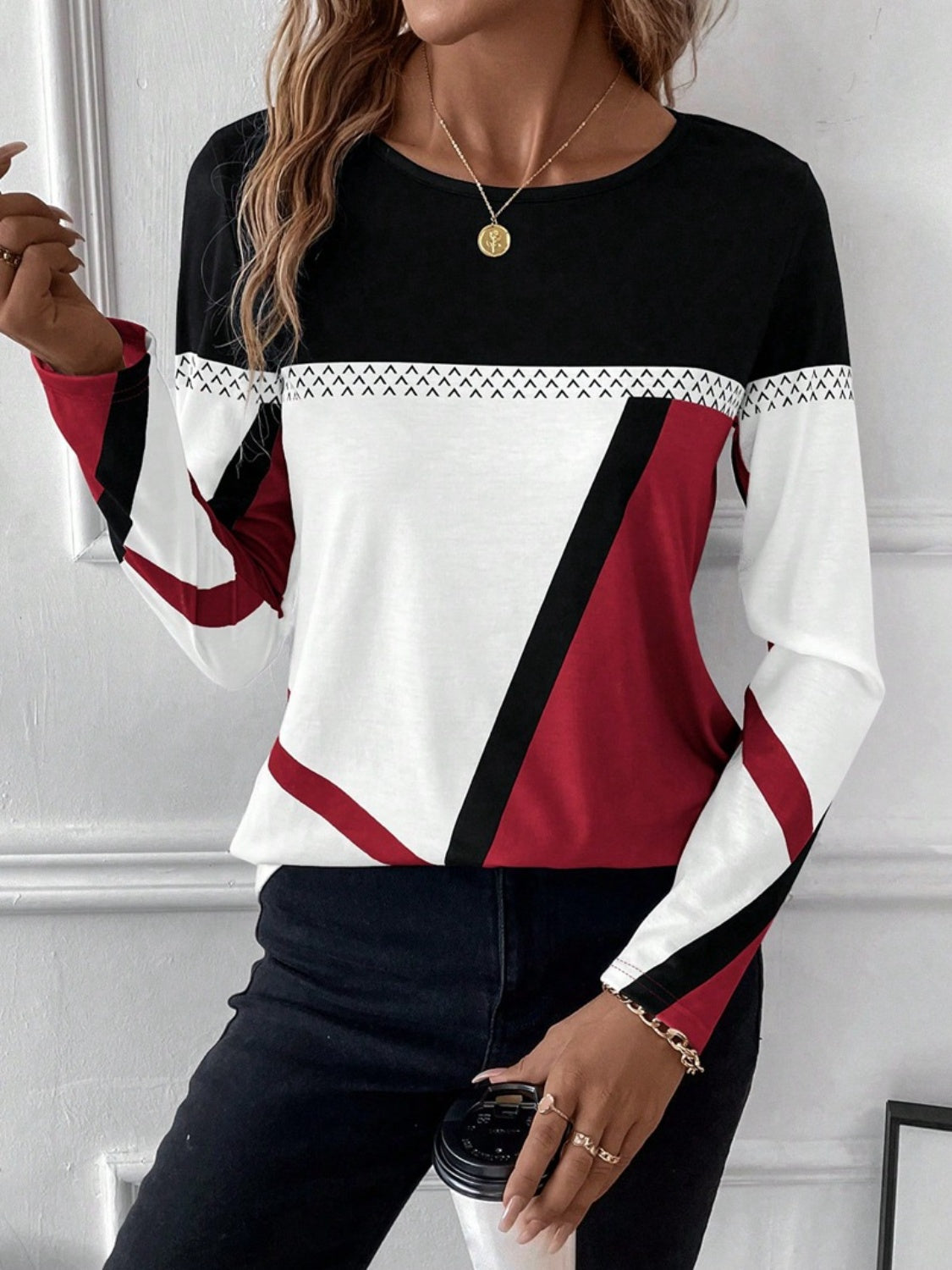 Contrast Round Neck Long Sleeve T-Shirt - Chic Innovations, LLC