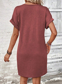 Quarter Button V-Neck Short Sleeve Dress - Chic Innovations, LLC