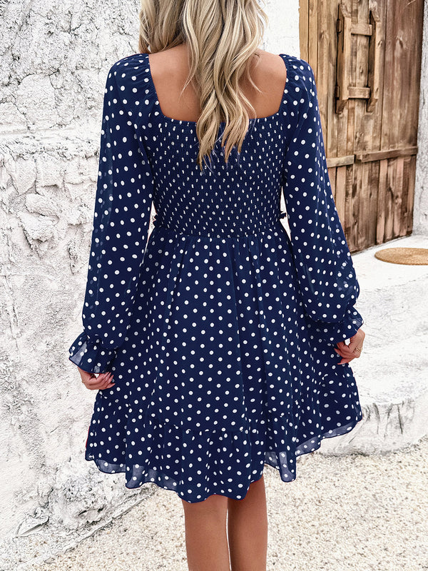 Devine Smocked Polka Dot Long Sleeve Dress - Chic Innovations, LLC