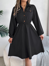 Collared Neck Long Sleeve Dress with Pockets - Chic Innovations, LLC