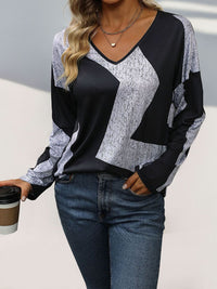 Perfee Color Block V-Neck Long Sleeve T-Shirt - Chic Innovations, LLC