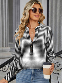 Striped Notched Long Sleeve T-Shirt - Chic Innovations, LLC