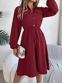 Collared Neck Long Sleeve Dress with Pockets - Chic Innovations, LLC