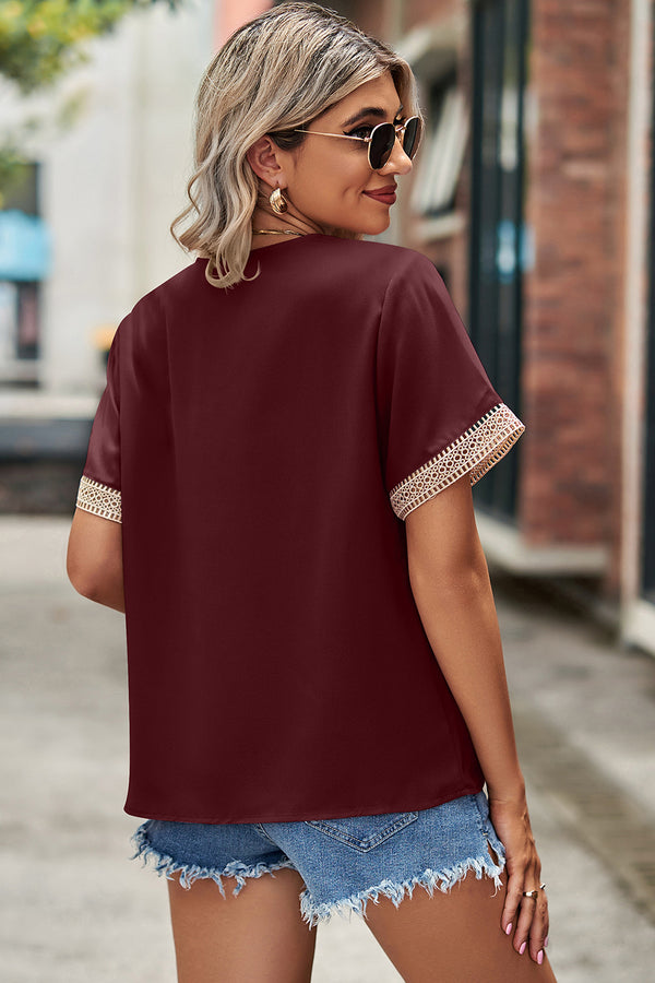 Openwork V-Neck Short Sleeve T-Shirt - Chic Innovations, LLC