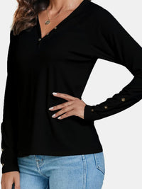 Decorative Button V-Neck Long Sleeve T-Shirt - Chic Innovations, LLC