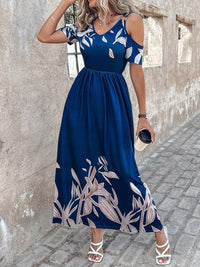 Printed Cold Shoulder Short Sleeve Maxi Dress - Chic Innovations, LLC