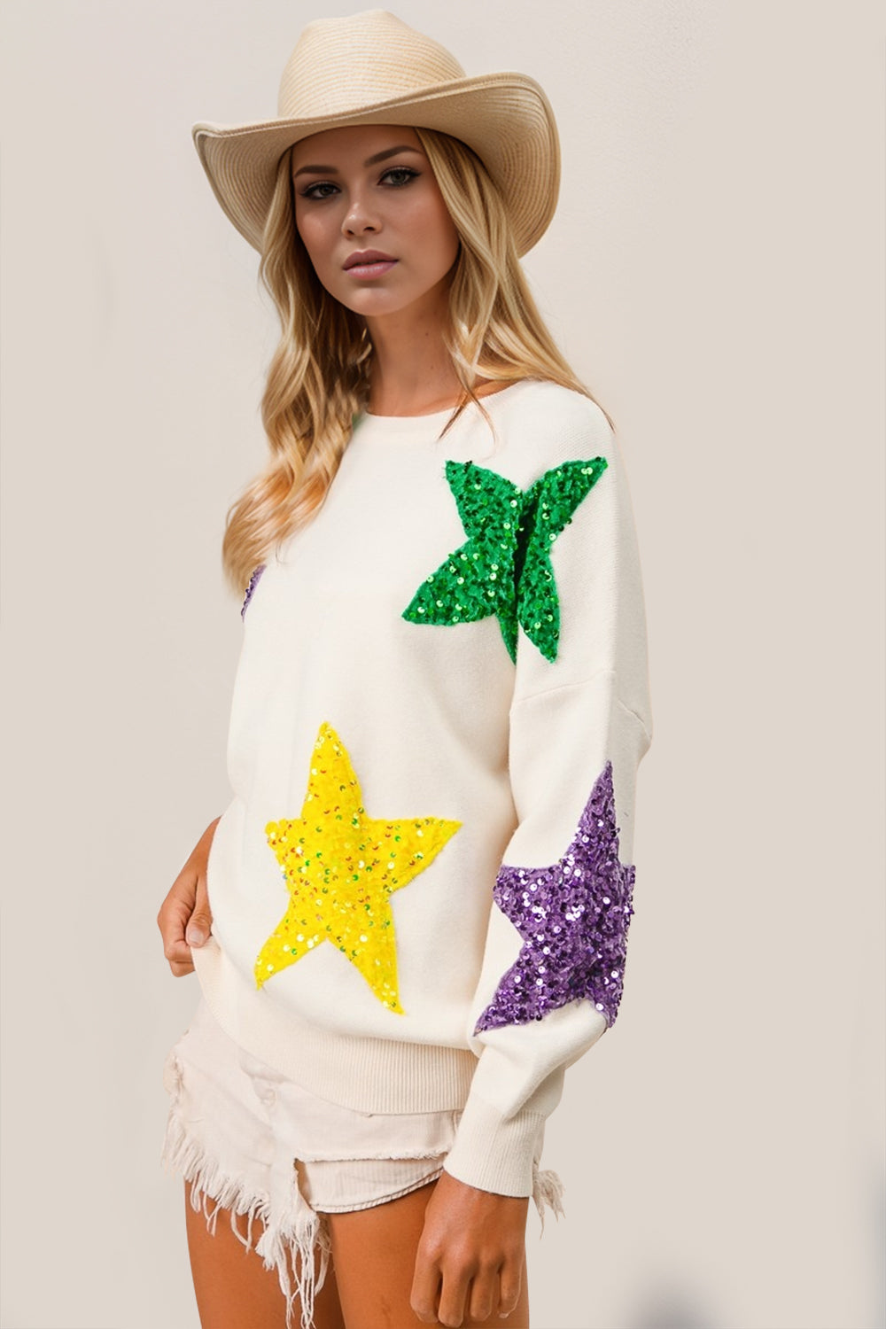 Double Take Sequin Star Dropped Shoulder Sweater