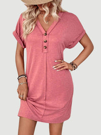 Quarter Button V-Neck Short Sleeve Dress - Chic Innovations, LLC