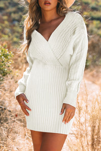 Cable-Knit Surplice Lantern Sleeve Sweater Dress - Chic Innovations, LLC