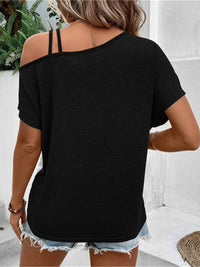 Contrast Asymmetrical Neck Short Sleeve T-Shirt - Chic Innovations, LLC