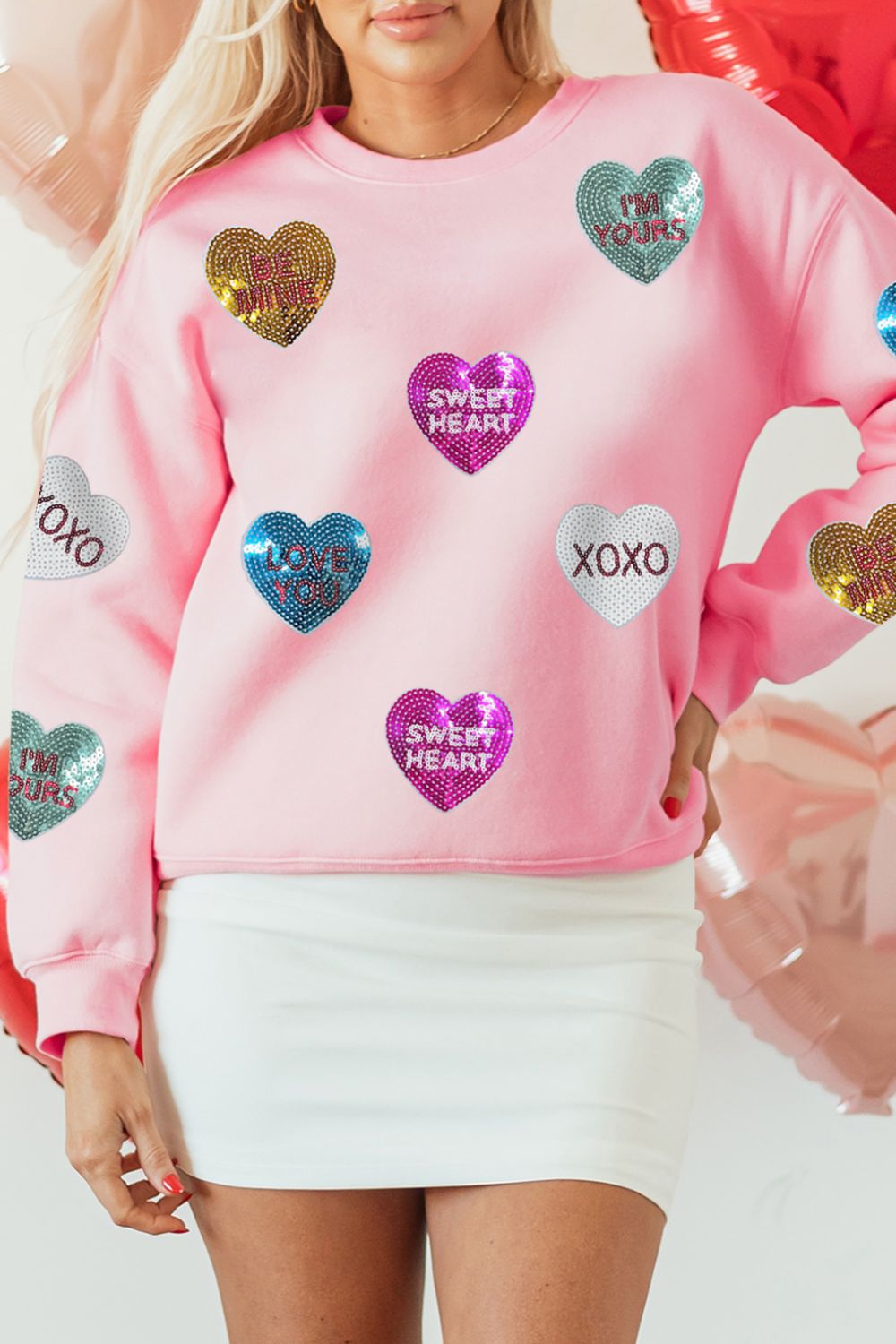 Valentine’s Day Sequin Heart Long Sleeve Sweatshirt