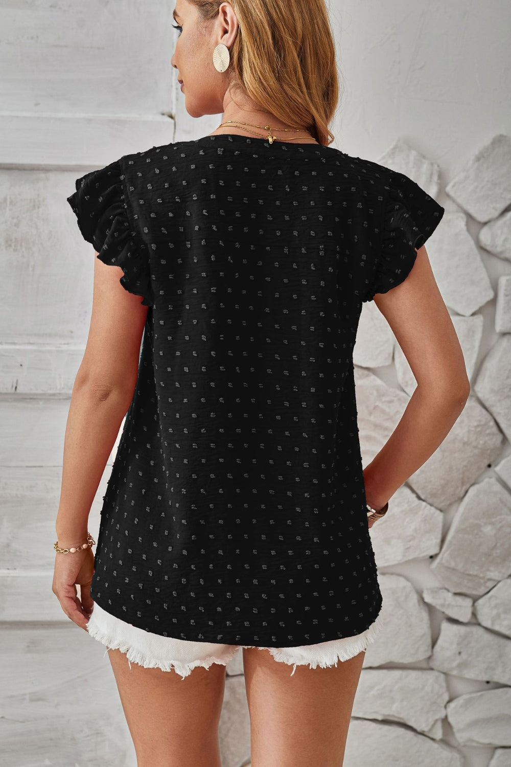 Swiss Dot Ruffled Cap Sleeve T-Shirt - Chic Innovations, LLC