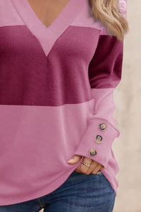 Decorative Button Contrast V-Neck Long Sleeve T-Shirt - Chic Innovations, LLC