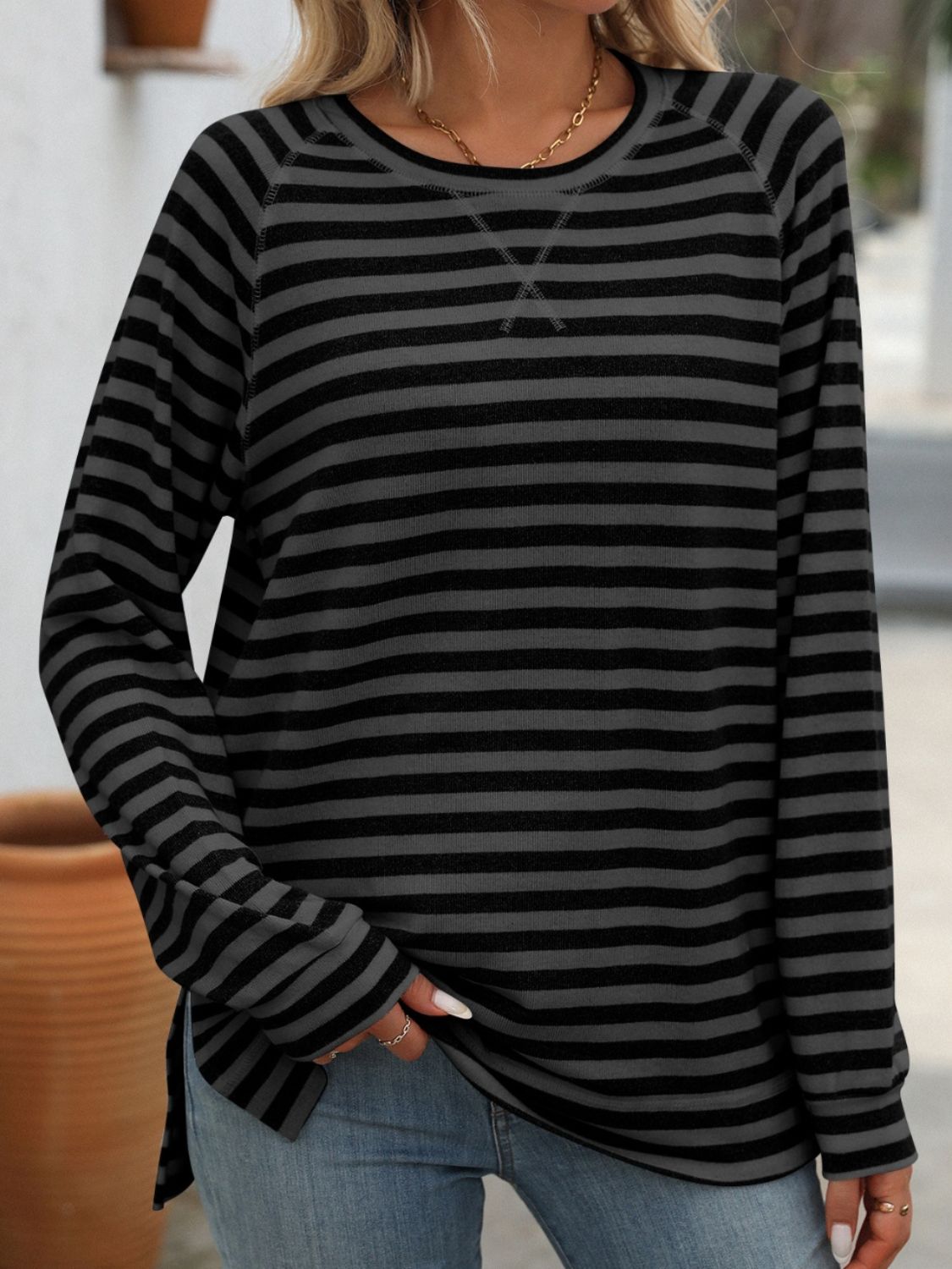 Mandy Striped Round Neck Long Sleeve T-Shirt - Chic Innovations, LLC