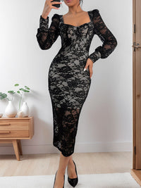 Perfee Lace Sweetheart Neck Long Sleeve Midi Dress - Chic Innovations, LLC