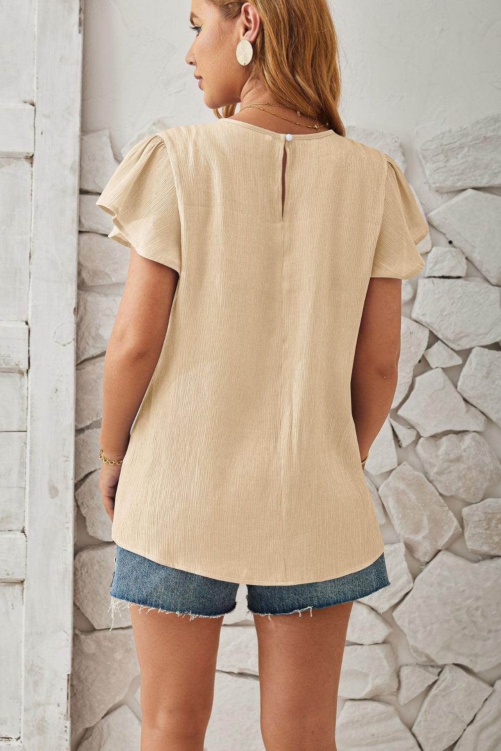 Round Neck Keyhole Cap Sleeve T-Shirt - Chic Innovations, LLC