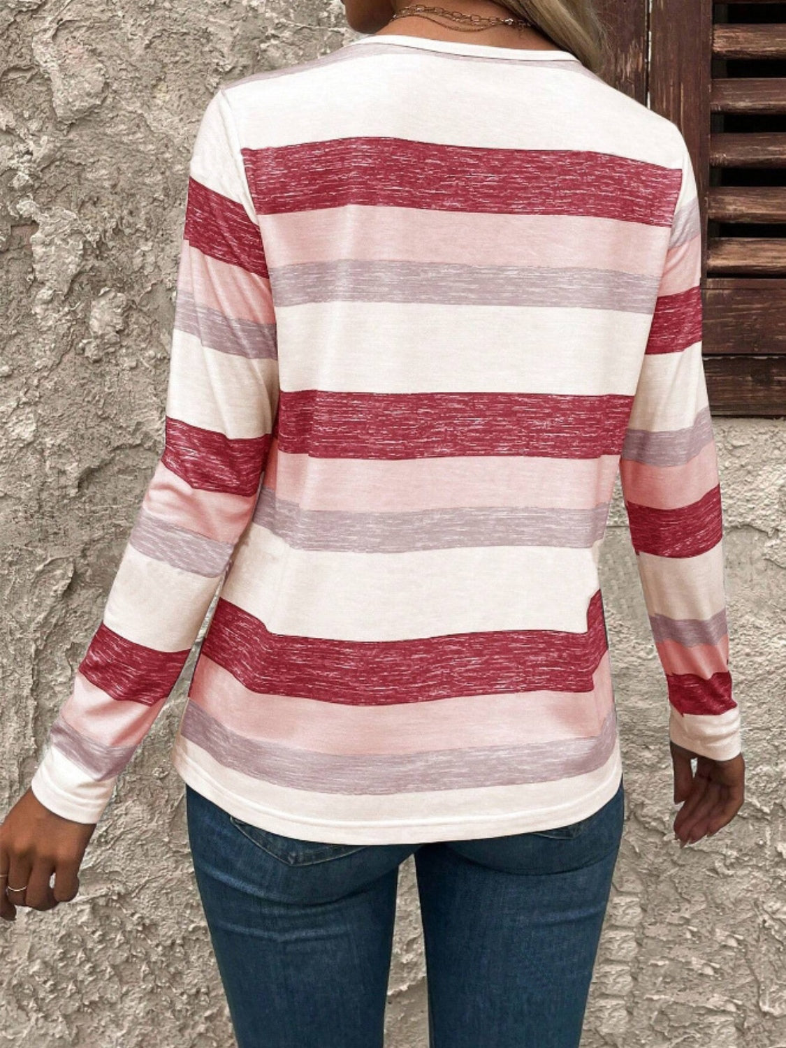 Contrast Striped V-Neck Long Sleeve T-Shirt - Chic Innovations, LLC