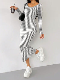 Striped Scoop Neck Long Sleeve Midi Tee Dress - Chic Innovations, LLC