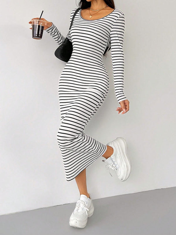 Striped Scoop Neck Long Sleeve Midi Tee Dress - Chic Innovations, LLC