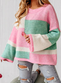 Color Block Round Neck Drop Shoulder Sweater - Chic Innovations, LLC