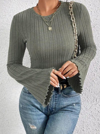 Ribbed Round Neck Flare Sleeve T-Shirt - Chic Innovations, LLC