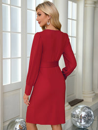 Slit V-Neck Long Sleeve Knee Length Dress - Chic Innovations, LLC