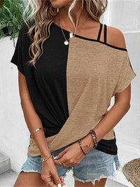 Contrast Asymmetrical Neck Short Sleeve T-Shirt - Chic Innovations, LLC