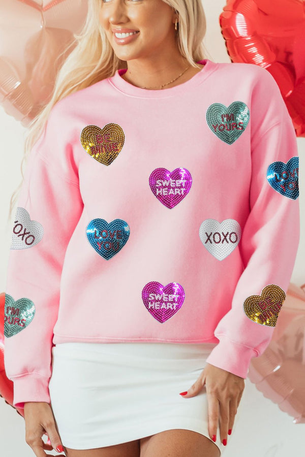 Valentine’s Day Sequin Heart Long Sleeve Sweatshirt