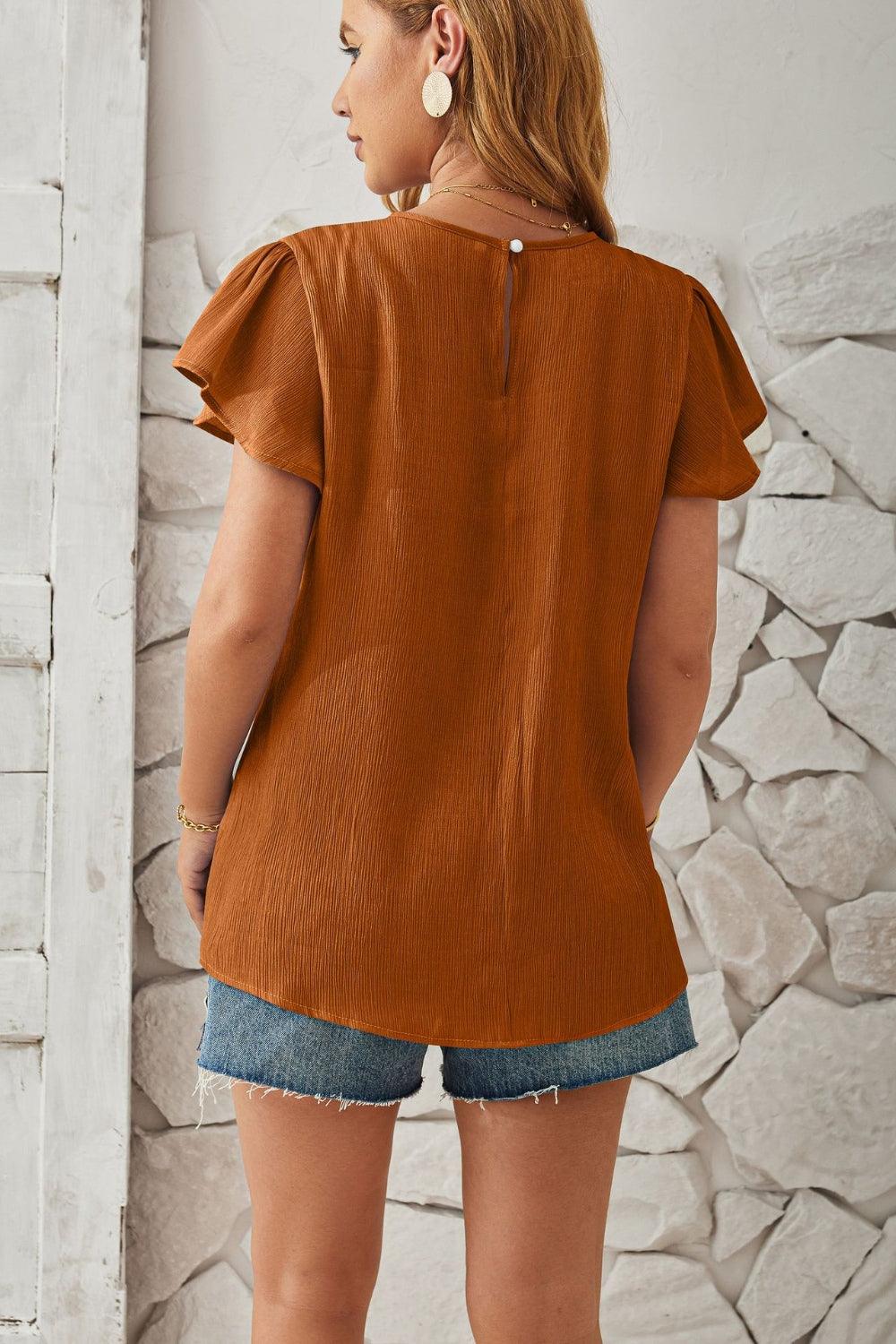 Round Neck Keyhole Cap Sleeve T-Shirt - Chic Innovations, LLC