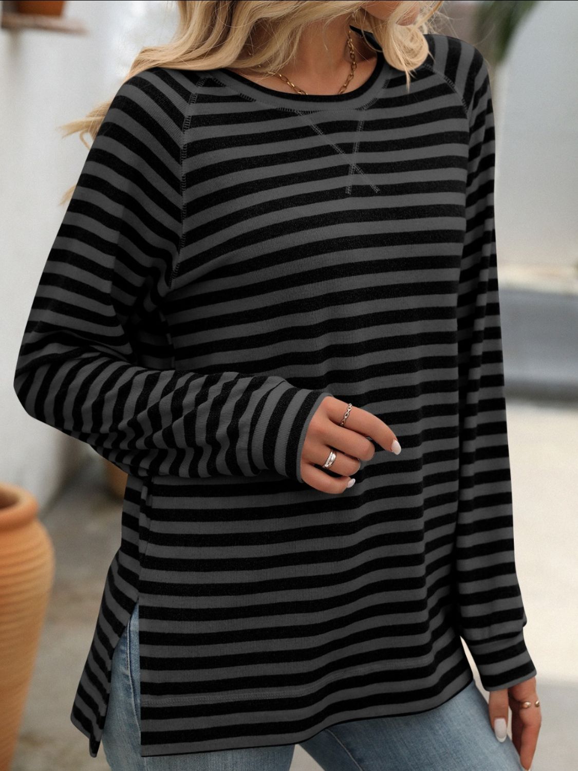 Mandy Striped Round Neck Long Sleeve T-Shirt - Chic Innovations, LLC