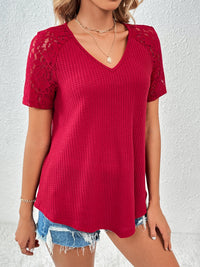 Ivy Lane Lace Detail V-Neck Short Sleeve T-Shirt - Chic Innovations, LLC