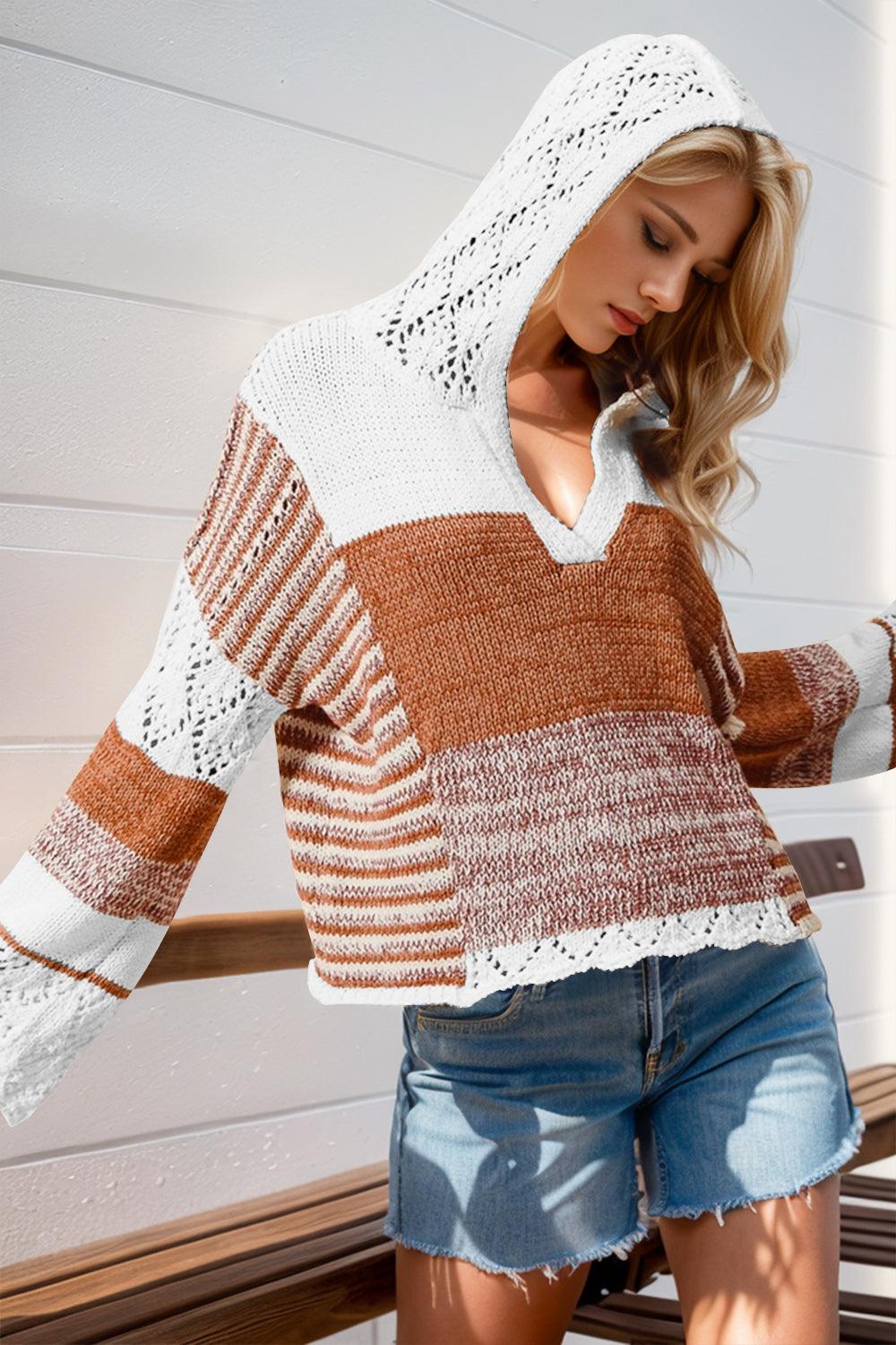 Double Take Contrast Hooded Sweater