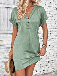 Quarter Button V-Neck Short Sleeve Dress - Chic Innovations, LLC