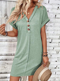 Quarter Button V-Neck Short Sleeve Dress - Chic Innovations, LLC