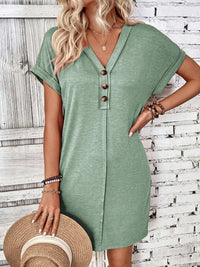 Quarter Button V-Neck Short Sleeve Dress - Chic Innovations, LLC