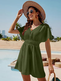 Smocked V-Neck Short Sleeve Dress - Chic Innovations, LLC