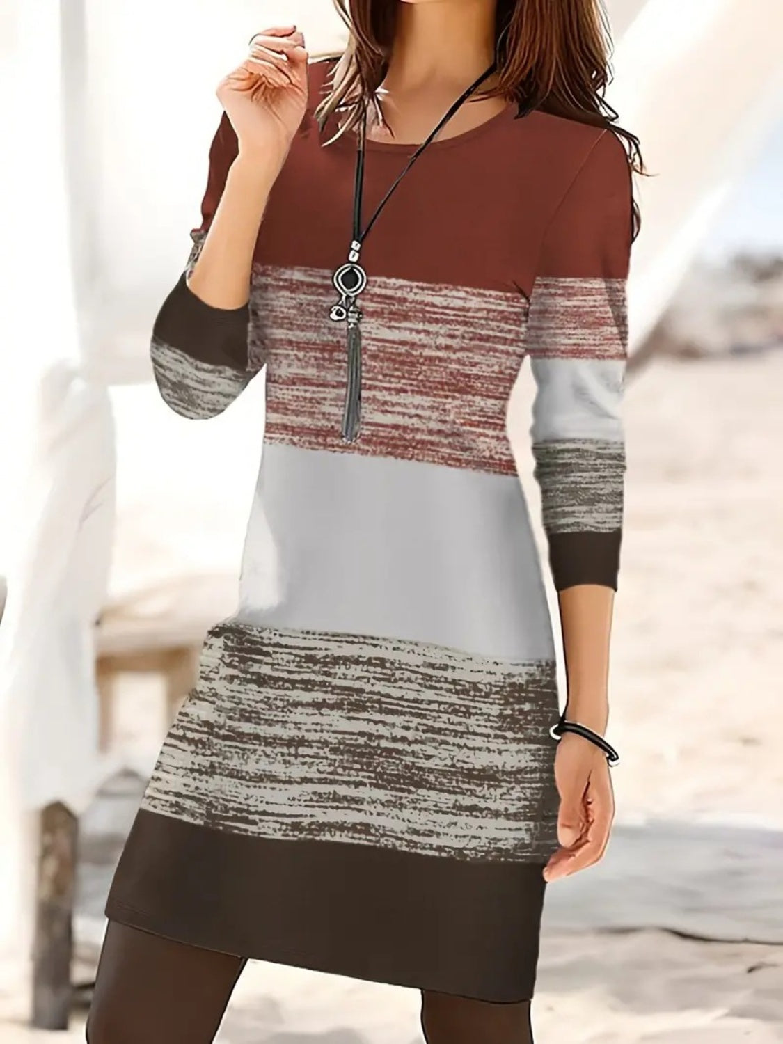 Color Block Round Neck Long Sleeve Dress - Chic Innovations, LLC