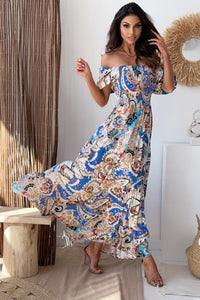 Smocked Printed Short Sleeve Maxi Dress - Chic Innovations, LLC