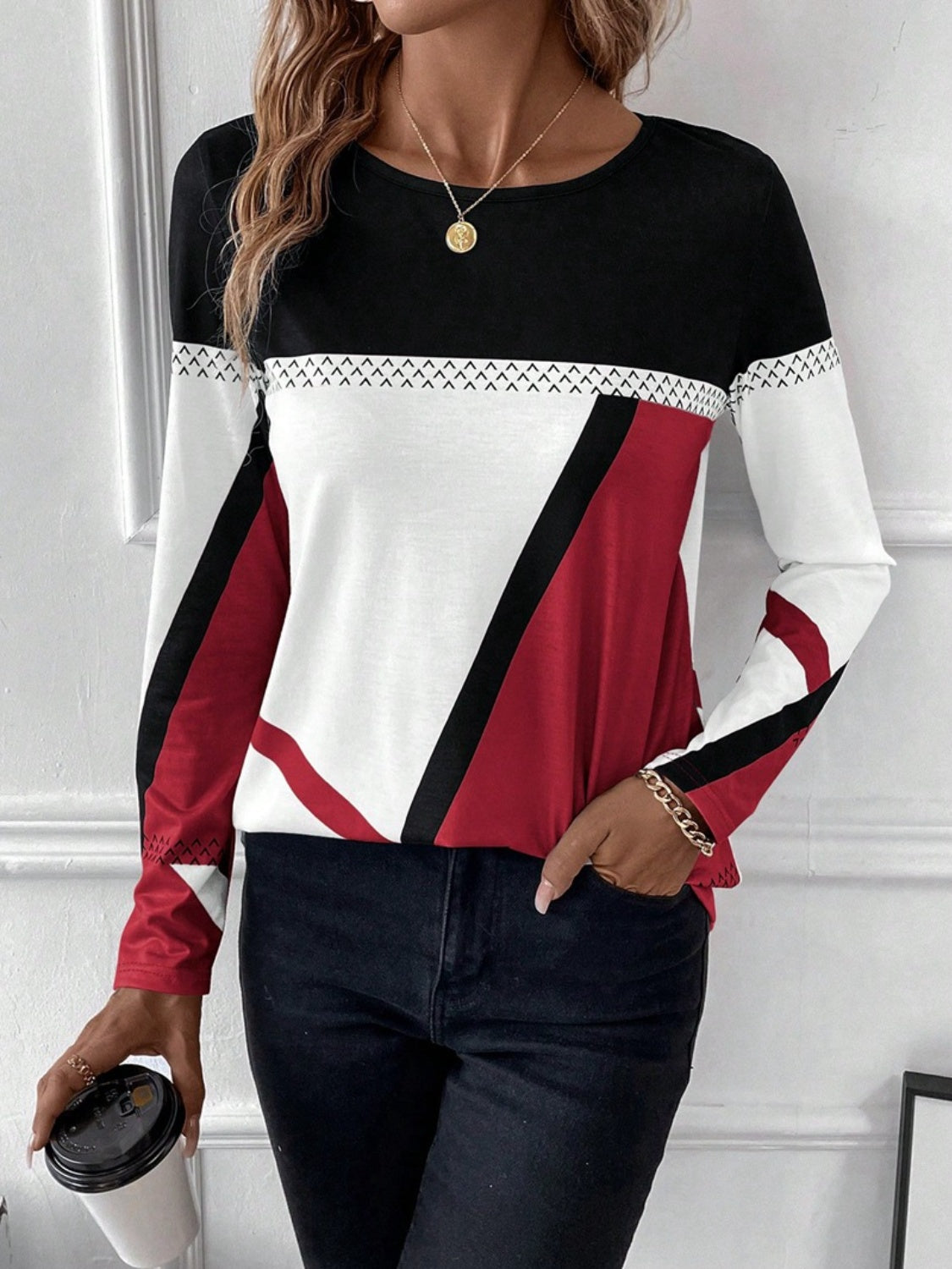 Contrast Round Neck Long Sleeve T-Shirt - Chic Innovations, LLC