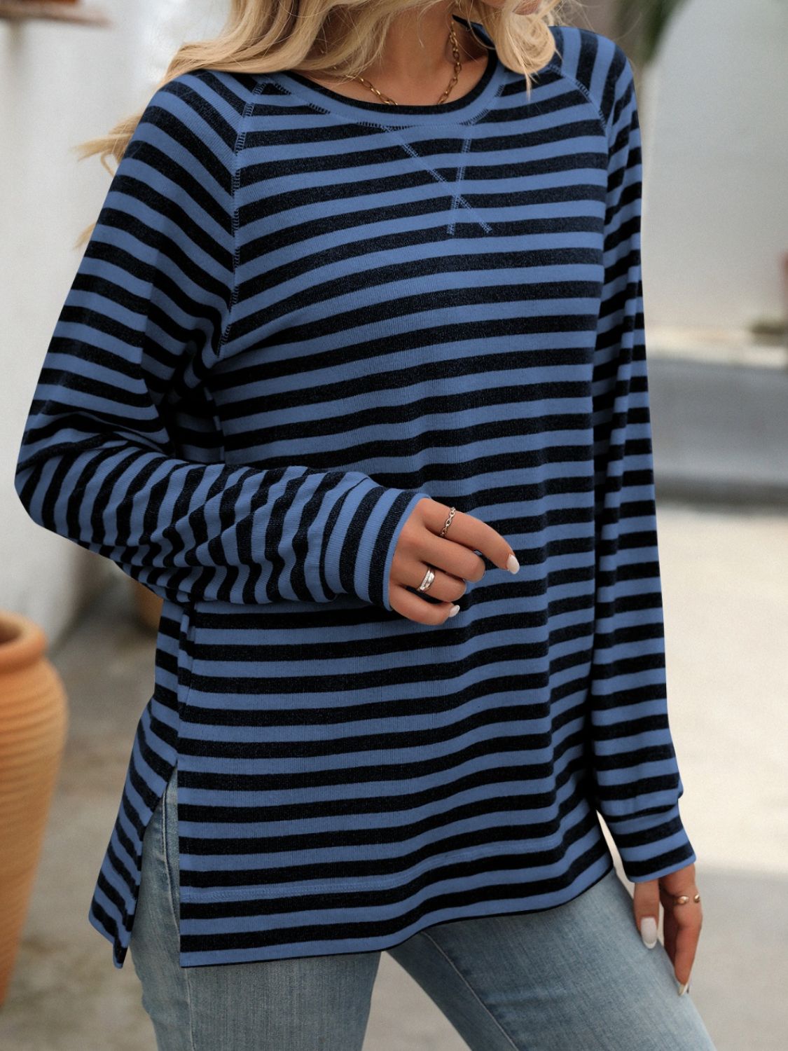 Mandy Striped Round Neck Long Sleeve T-Shirt - Chic Innovations, LLC