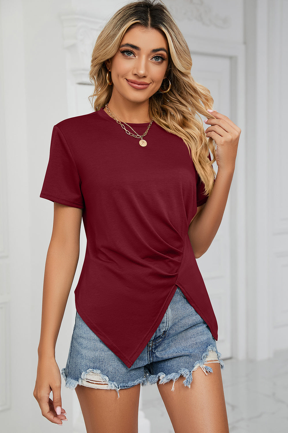 Ruched Round Neck Short Sleeve T-Shirt - Chic Innovations, LLC