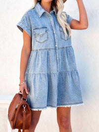 Raw Hem Short Sleeve Denim Dress - Chic Innovations, LLC