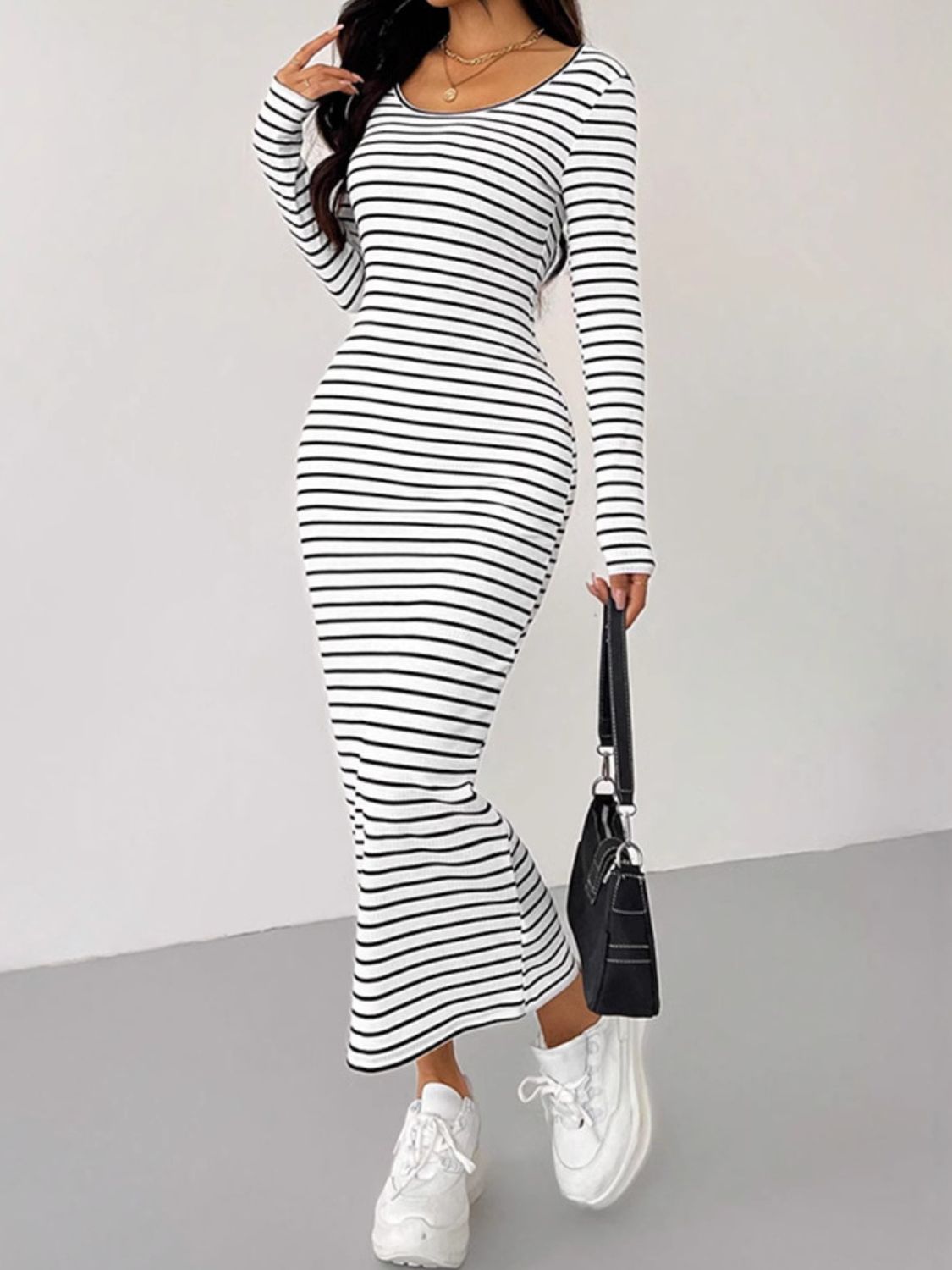 Striped Scoop Neck Long Sleeve Midi Tee Dress - Chic Innovations, LLC