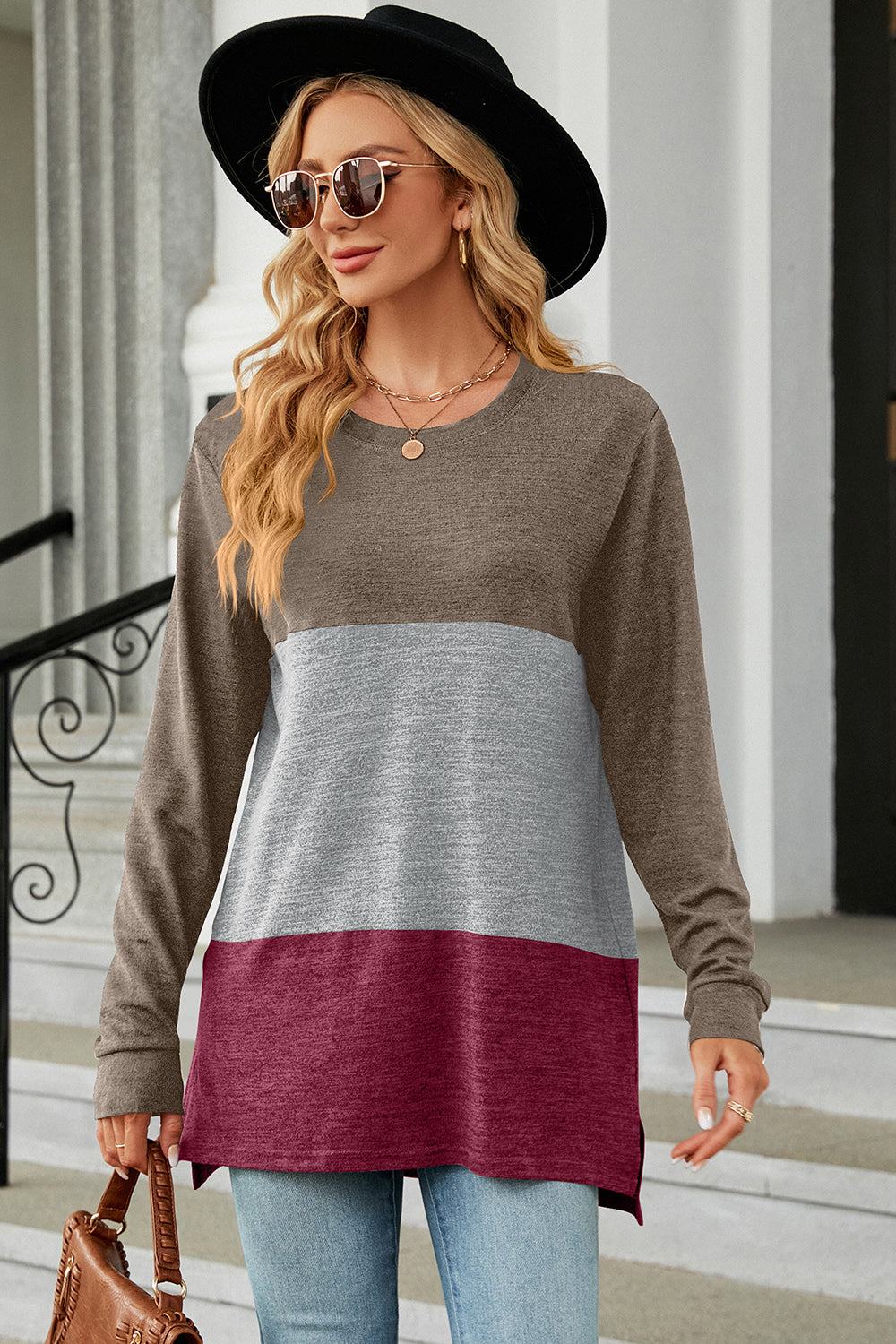 Color Block Round Neck Long Sleeve T-Shirt - Chic Innovations, LLC