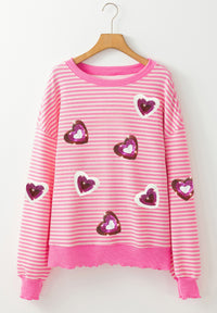 Valentine’s Day Sequin Heart Striped Long Sleeve Sweatshirt