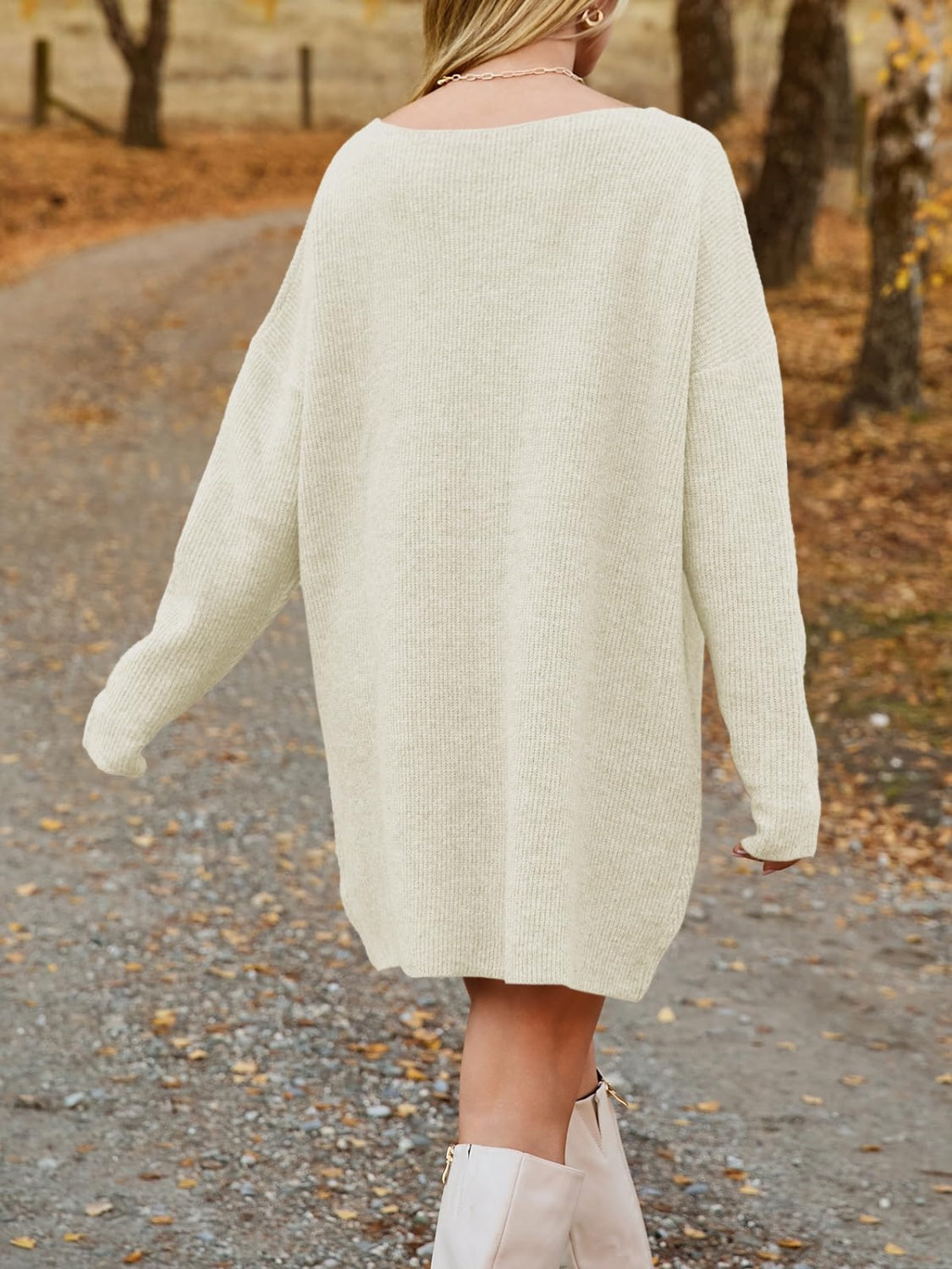 V-Neck Dropped Shoulder Sweater Dress - Chic Innovations, LLC